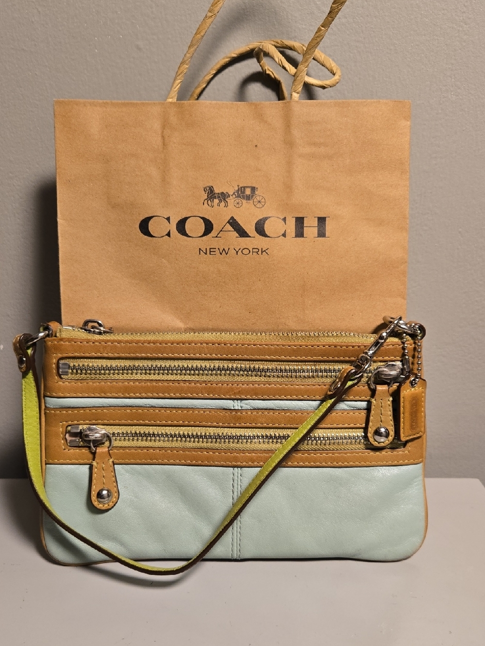 COACH Two-Tone Leather Wristlet- Blue, Green and Tan